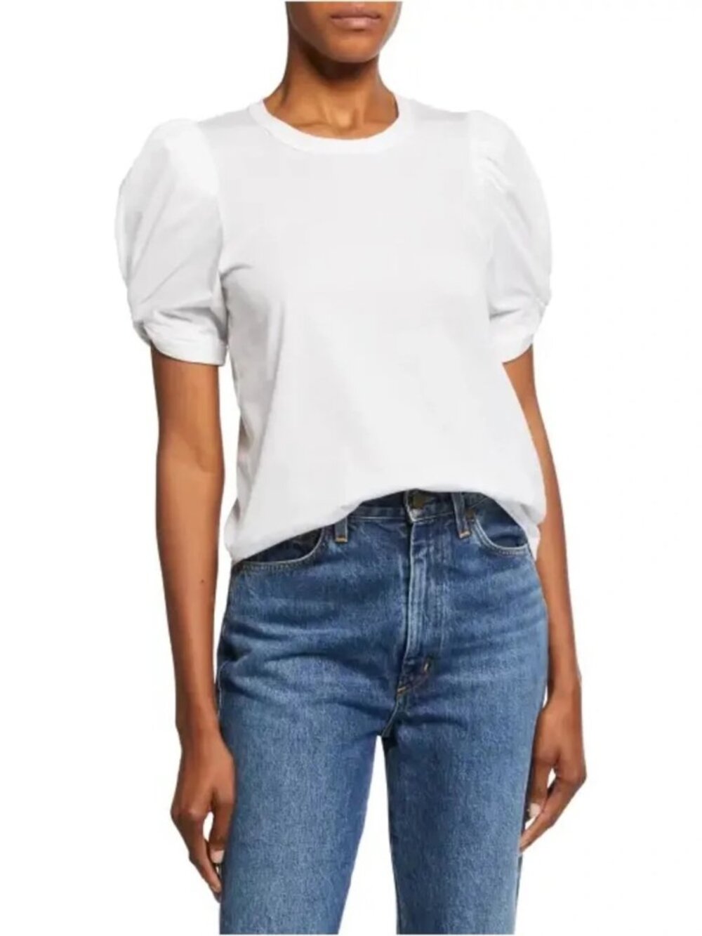 A.L.C. Kati Ruched Puff Sleeve Tee White Solid Crew Neck Cotton T-Shirt XS